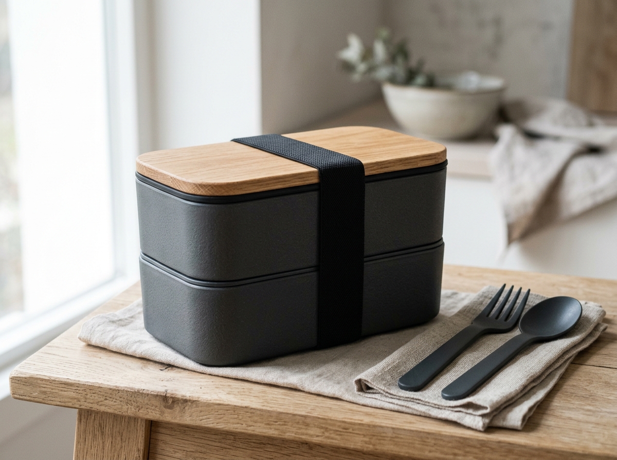 Architectural Dual-Tier Bento Box with Wood-Grain Texture Lid