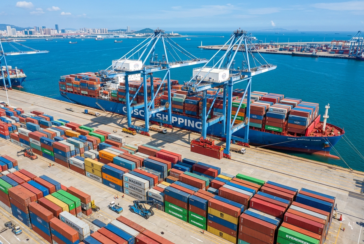 Shipping containers stacked at Xiamen ocean export terminal